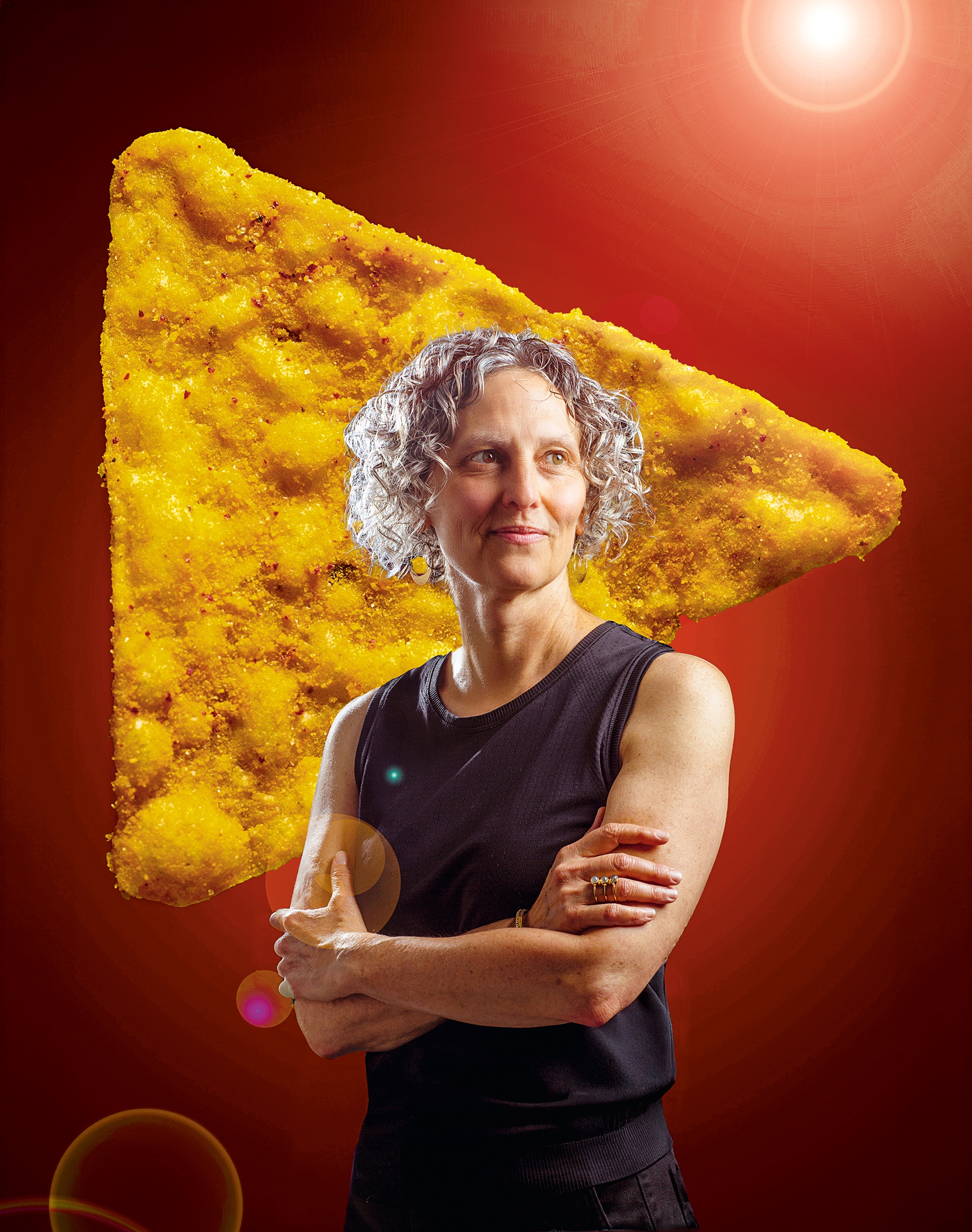 portrait of Charlotte Biltekoff superimposed on a dorito chip